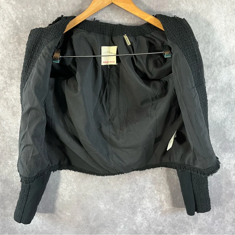 Rebecca Taylor Boucle Jacket Womens 2 Black Leather Trim Fringe Zip Tweed Blazer